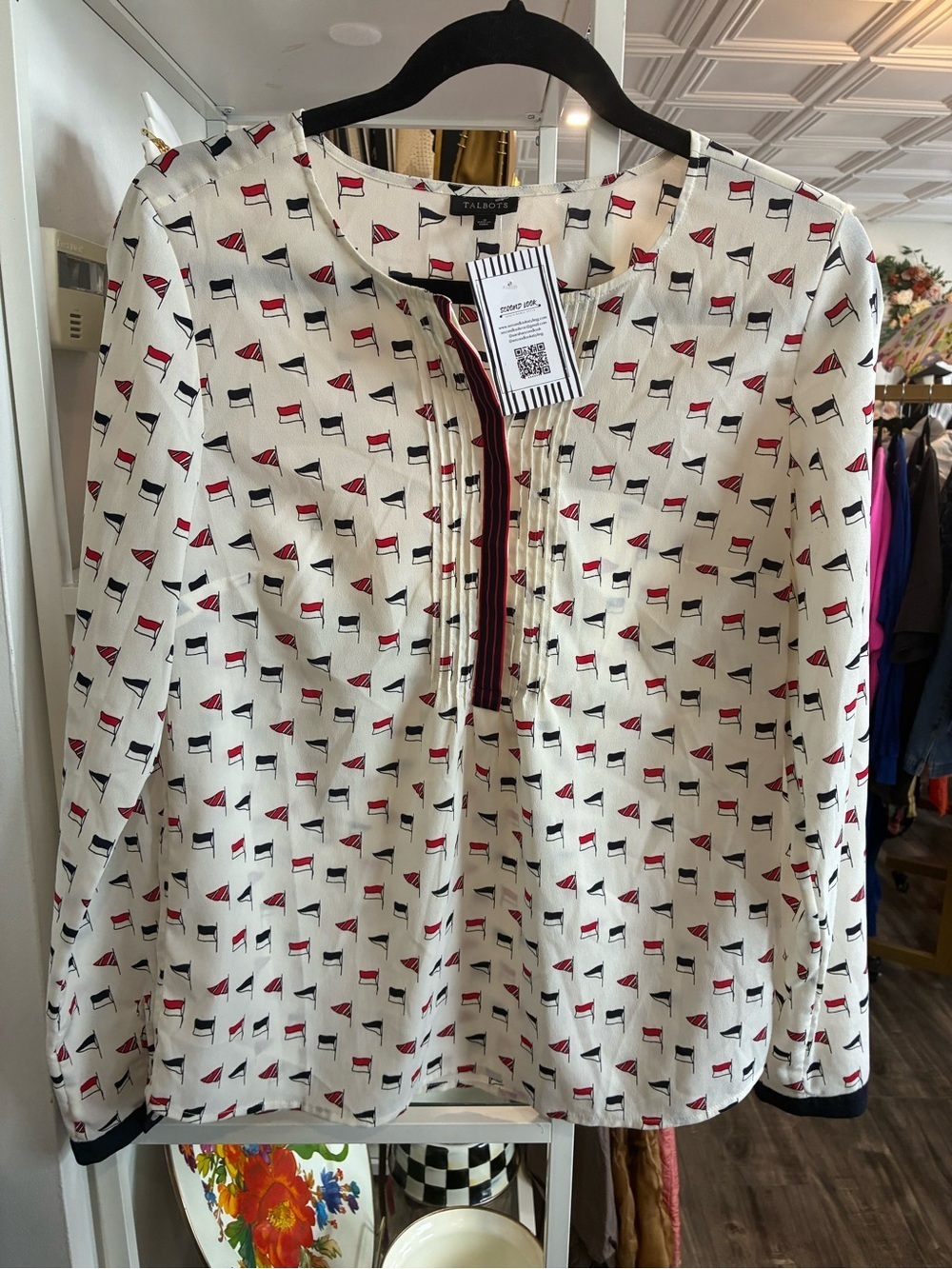 Talbots Ivory Blouse with Red & Navy Flag Print